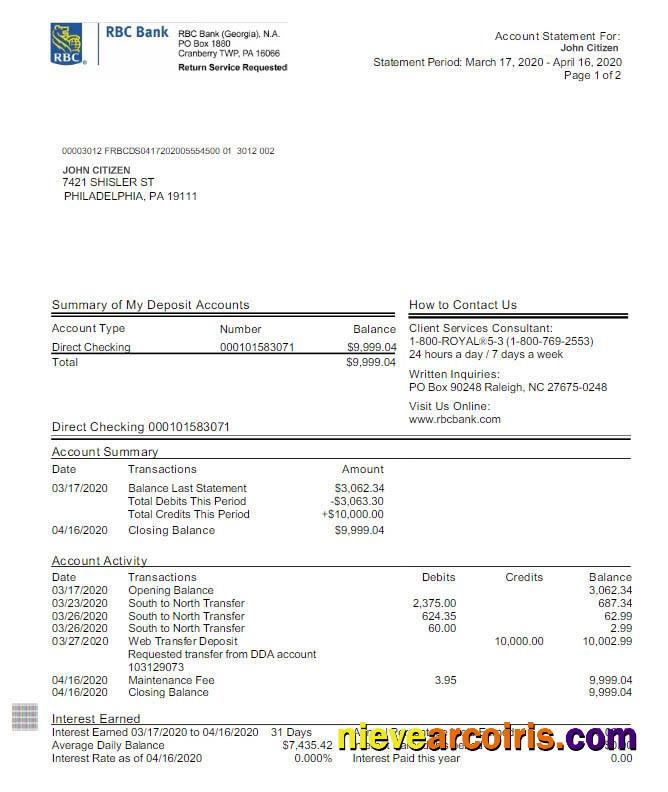 Editable USA RBC Bank Statement Word And PDF Template, Version 2