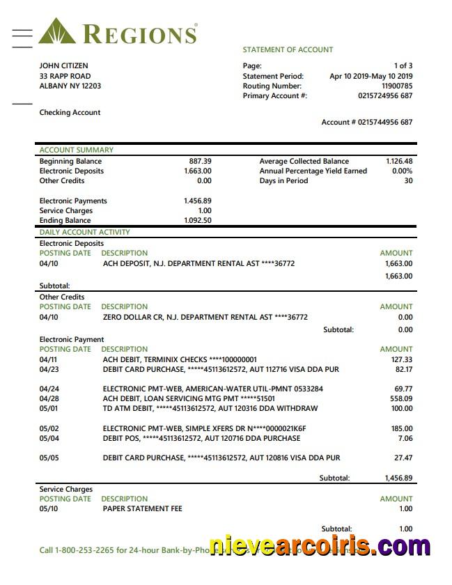 Premium USA Regions Bank Proof Of Address Statement Template In Word And PDF Format