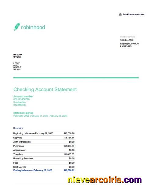 Editable USA Robinhood Banking Account Statement Word And PDF Template