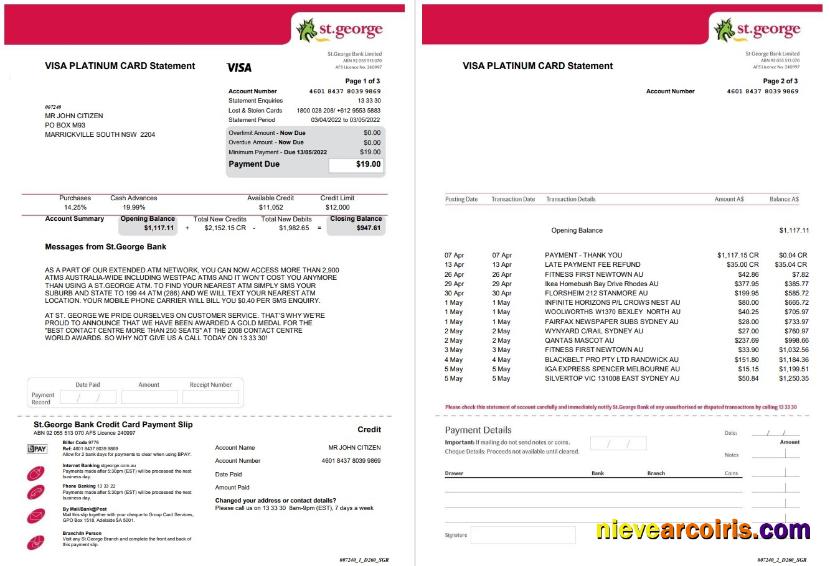 USA St. George Bank Visa Card Statement 3 Pages Template