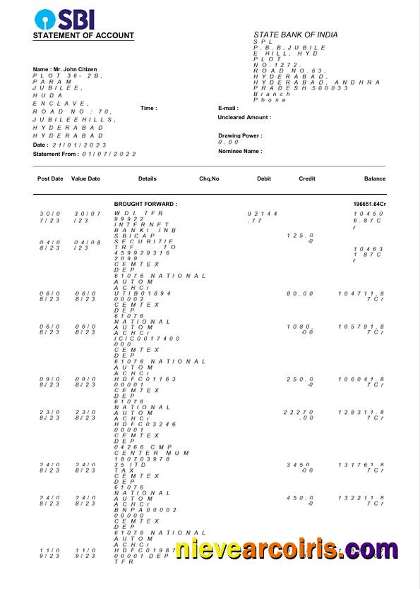 Professional USA State Bank Of India Bank Statement Word And PDF Template, 3 Pages
