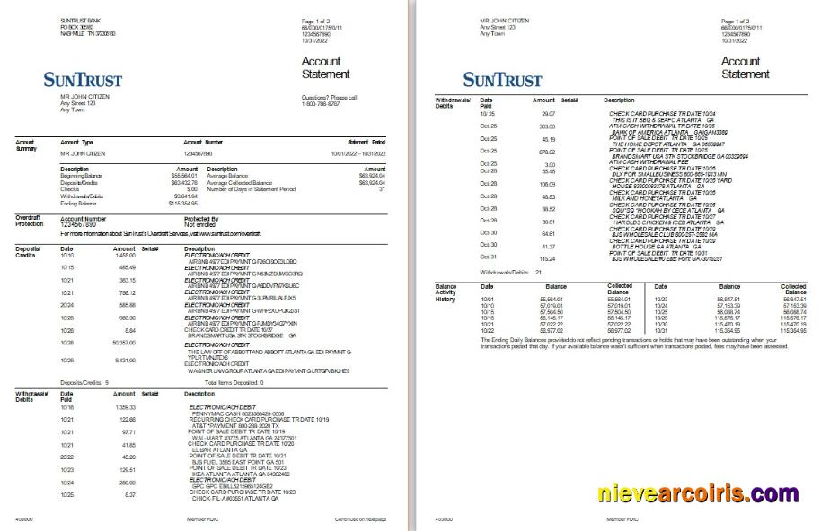 Professional USA SunTrust Bank Statement, Word And PDF Template, 2 Pages