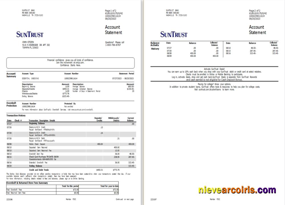 Professional USA Suntrust Bank Account Statement Word And PDF Template, 2 Pages Scr