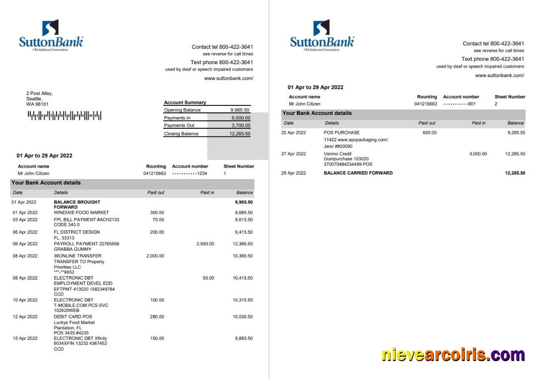 USA Sutton Bank Statement 2 Pages Preview