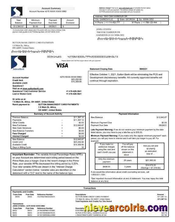 USA Sutton Bank Credit Card Statement Preview