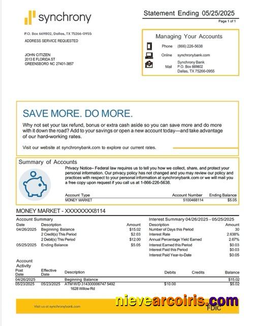 Realistic USA Synchrony Bank Statement Word And PDF Template