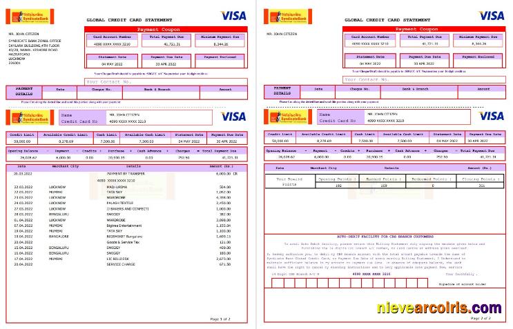 USA Syndicate Bank Credit Card Statement 3 Pages Photolook
