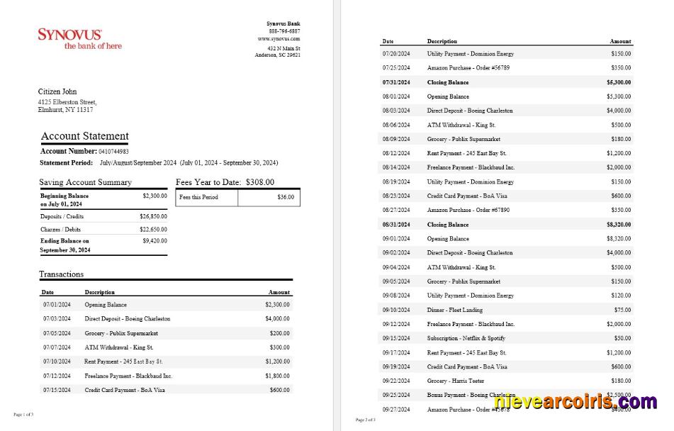Editable USA Synovus Bank Statement Word And PDF Template, 3 Pages