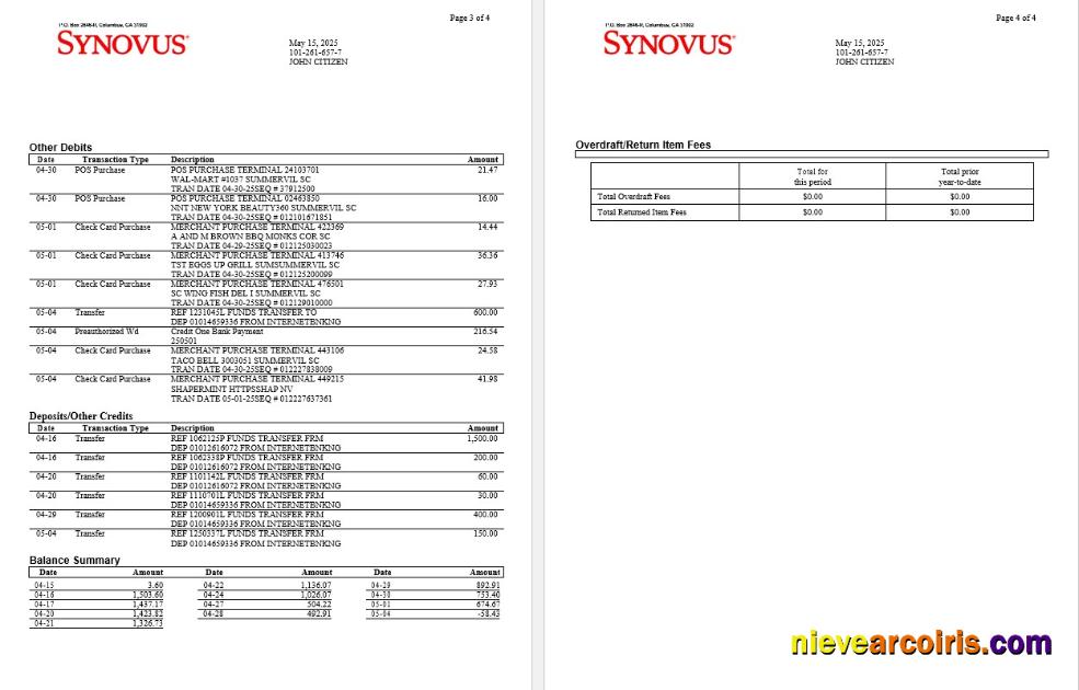 Professional USA Synovus Bank Statement Word And PDF Template, 4 Pages 2