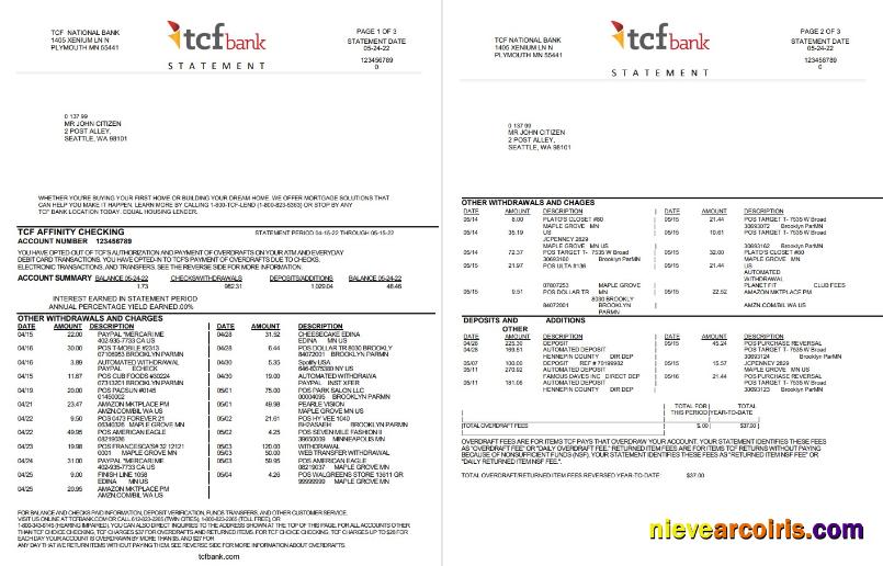 Editable USA TCF Bank Statement, Word And PDF Template, 3 Pages