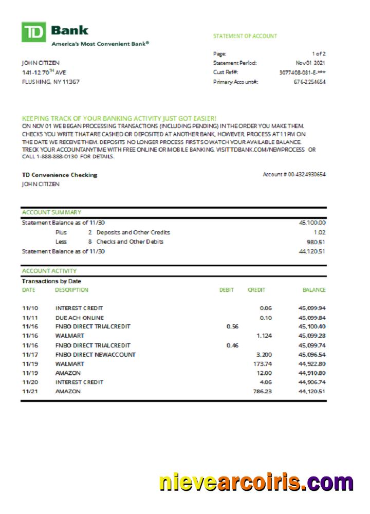 USA TD Bank Excel Pdf Template