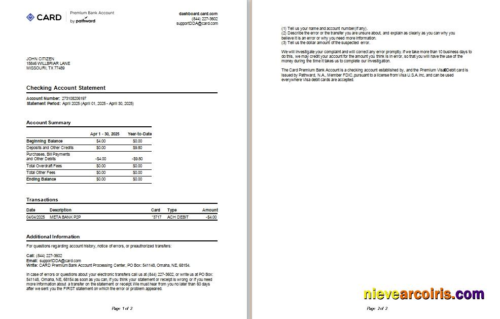 USA TX Card Premium Bank Account Statement Scr Photolook