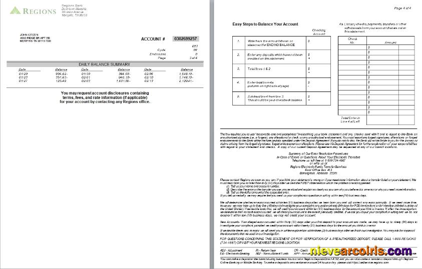 USA Tennesse Regions Bank Statement, 4 Pages, Version 2, 3 4 Scr Sample