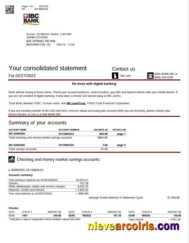 Editable USA Texas IBC Bank Statement Word And PDF Template, 5 Pages