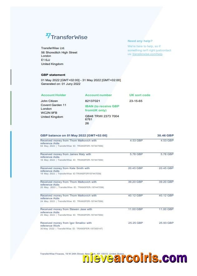 USA TransferWise Finances Statement Template