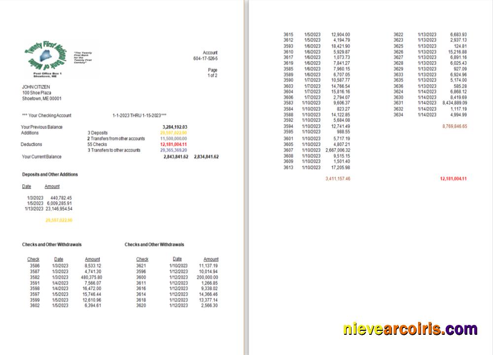 Realistic USA Twenty First National Bank Of Maine Bank Statement Word And PDF Template, 2 Pages Scr