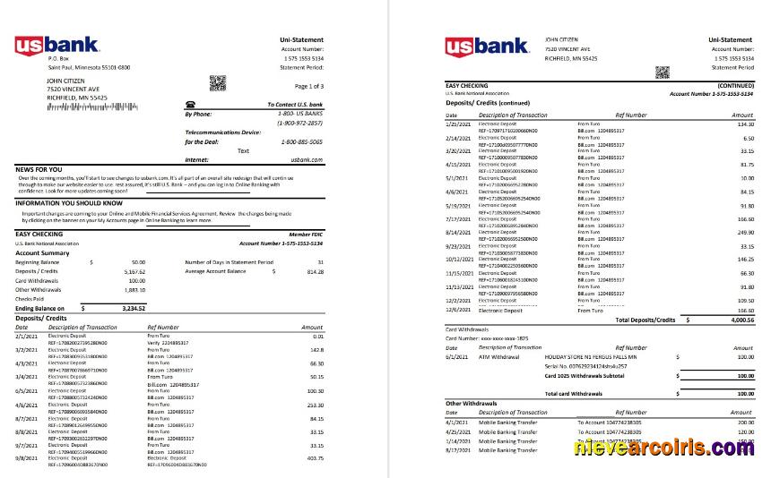 Editable USA U.S. Bank Statement Template In Excel And PDF (.xls And .pdf File) Format (3 Pages)