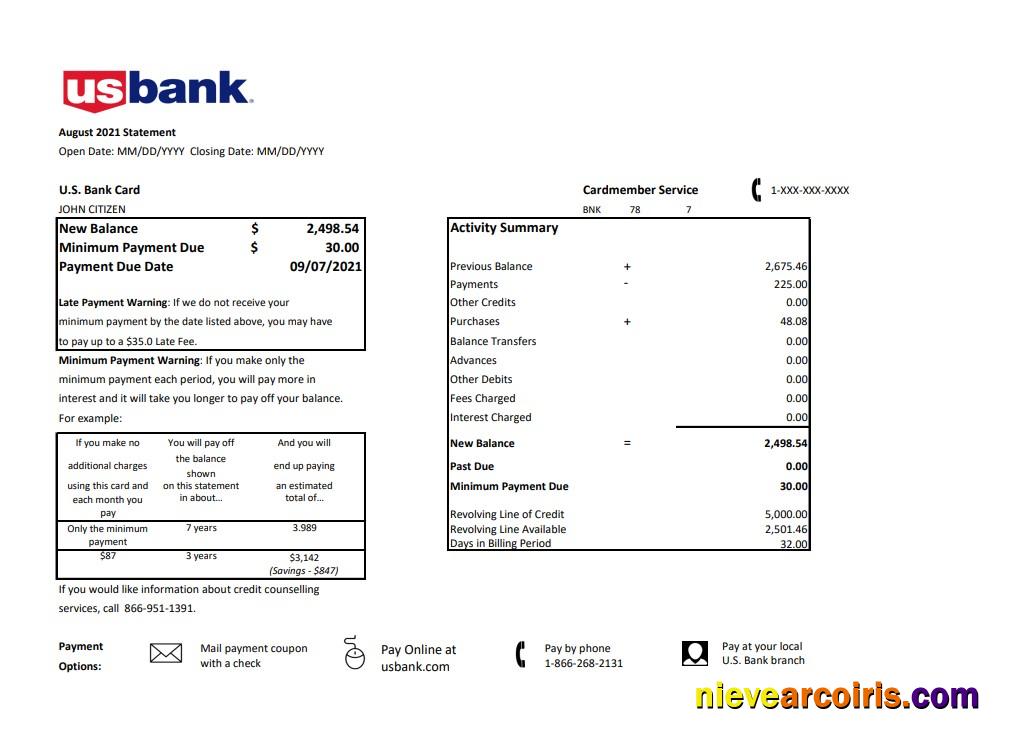 Realistic USA U.S. Bank Credit Card Statement Template In .xls And .pdf File Format