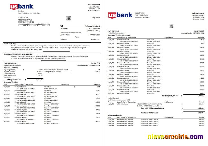 USA U.S. Bank Statement 3 Pages Template