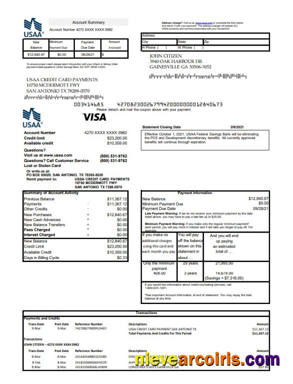 USA USAA Bank Credit Card Excel Pdf Sample