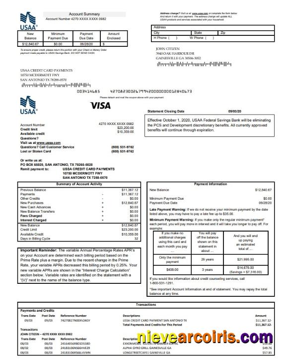 USA USAA Bank Credit Card Statement Template