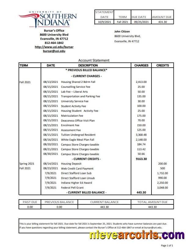 USA University Of Southern Indiana Excel Pdf Template