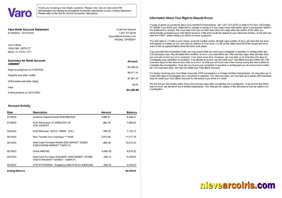 USA Varo Bank Statement 2 Pages, Version 2 Template