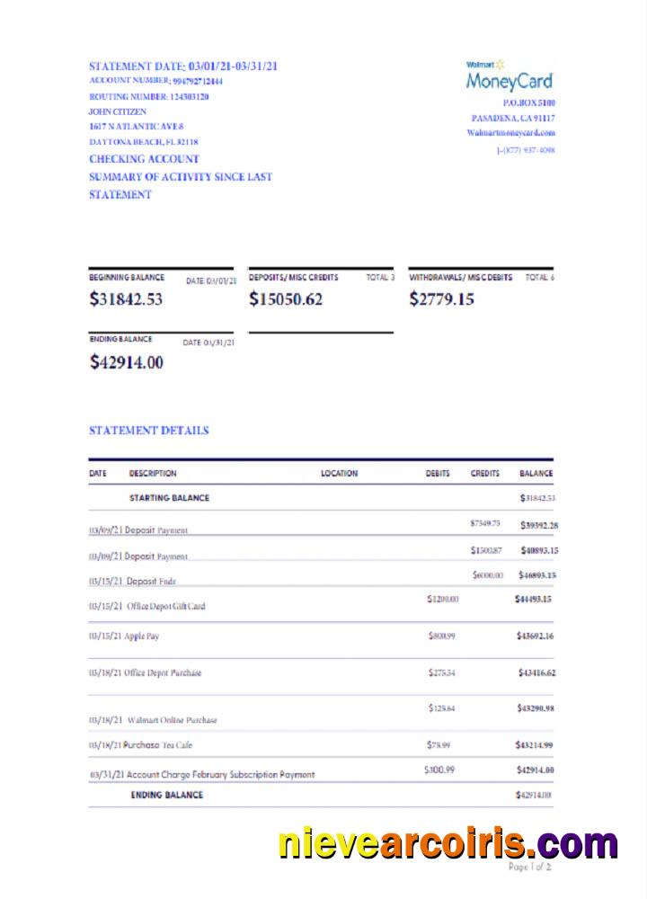 Realistic USA Walmart Money Card Statement Word And PDF Template, Version 2 Scr