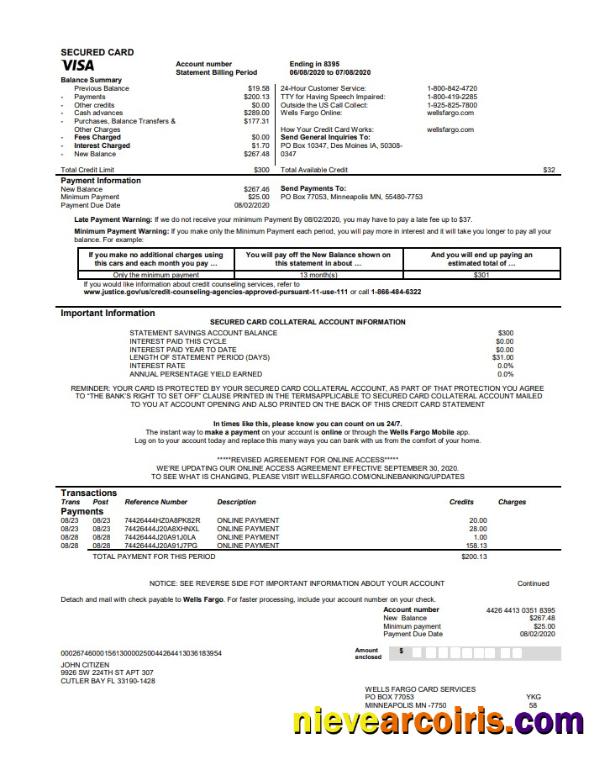 USA Wells Fargo Bank Credit Card Statement Photolook