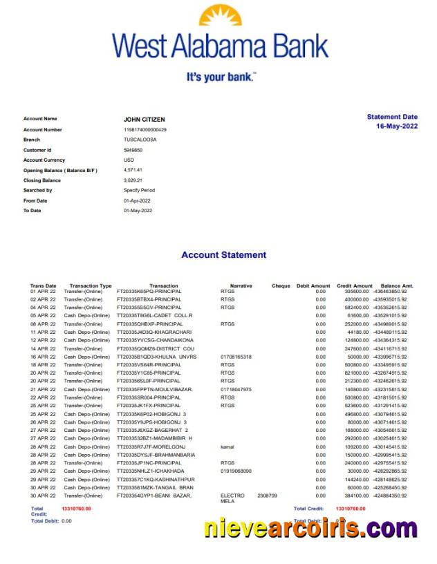 USA West Alabama Bank Statement Photolook