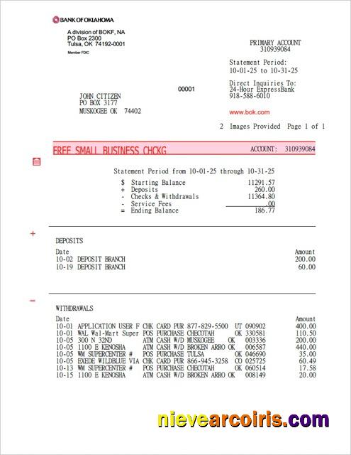 Realistic USA Bank Of Oklahoma Account Statement Word And PDF Template