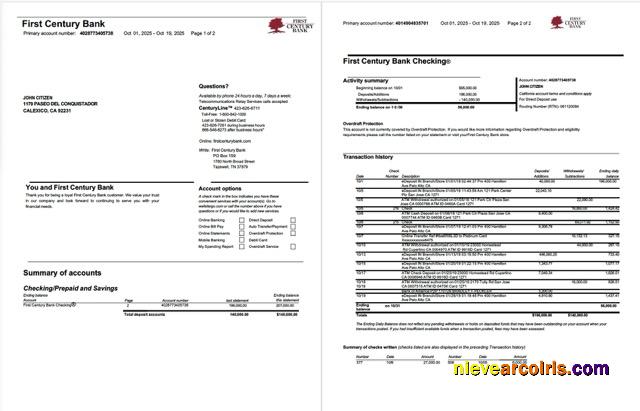 Realistic USA First Century Bank Account Statement Word And PDF Template, 2 Pages