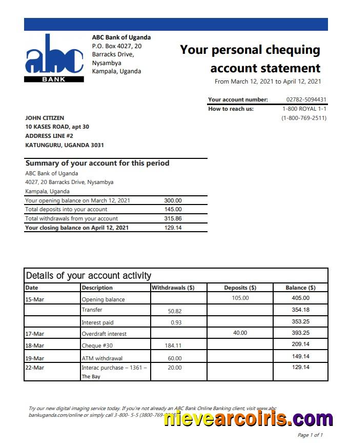 Uganda ABC Bank Of Uganda Excel Pdf Sample