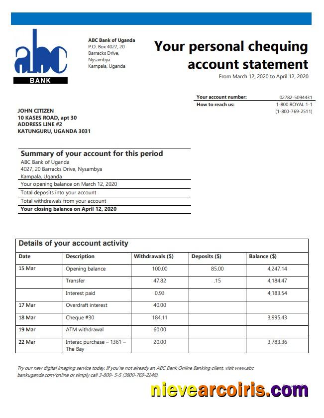 Premium Uganda ABC Bank Of Uganda Proof Of Address Bank Statement Template In Word And PDF Format (.doc And .pdf)