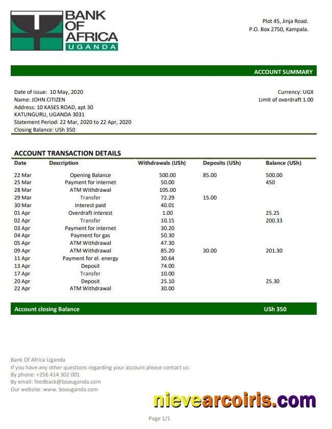 Editable Uganda Bank Of Africa Proof Of Address Bank Statement Template In Word And PDF Format