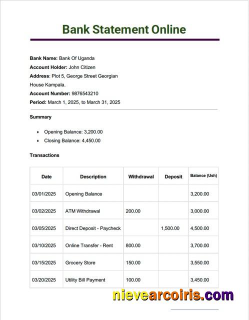 Editable Uganda Bank Of Uganda Bank Statement Online Word And PDF Template