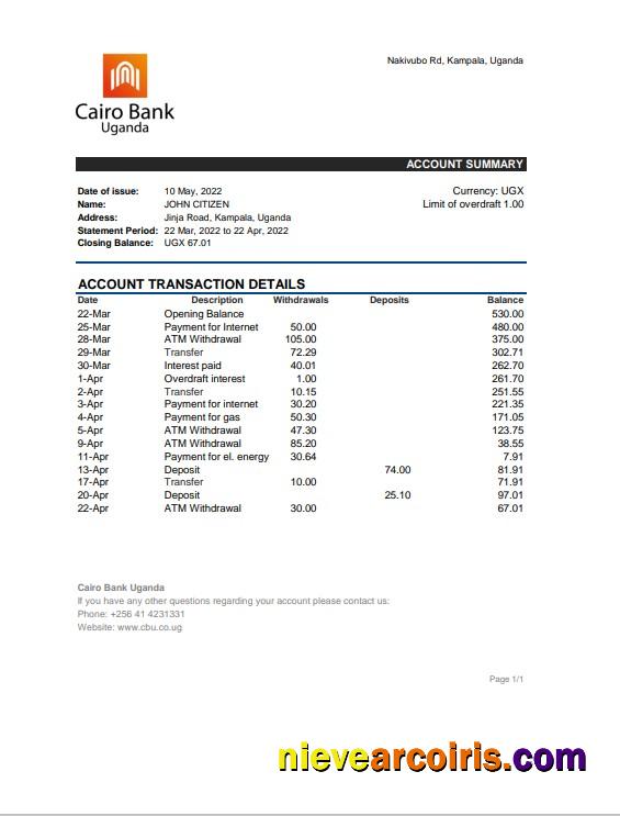 Professional Uganda Cairo Bank Statement, Excel And PDF Template