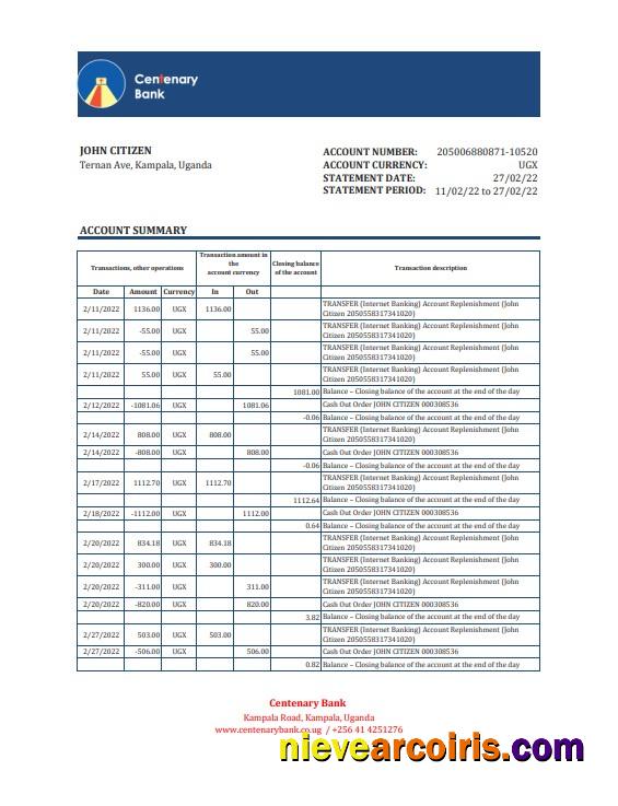Editable Uganda Centenary Bank Statement, Excel And PDF Template