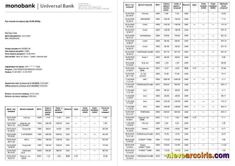 Ukraine Monobank Statement On Ukranian, 3 Pages Photolook