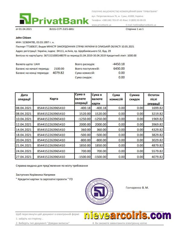 Realistic Ukraine PrivatBank Bank Statement Easy To Fill Template In Excel And PDF Format