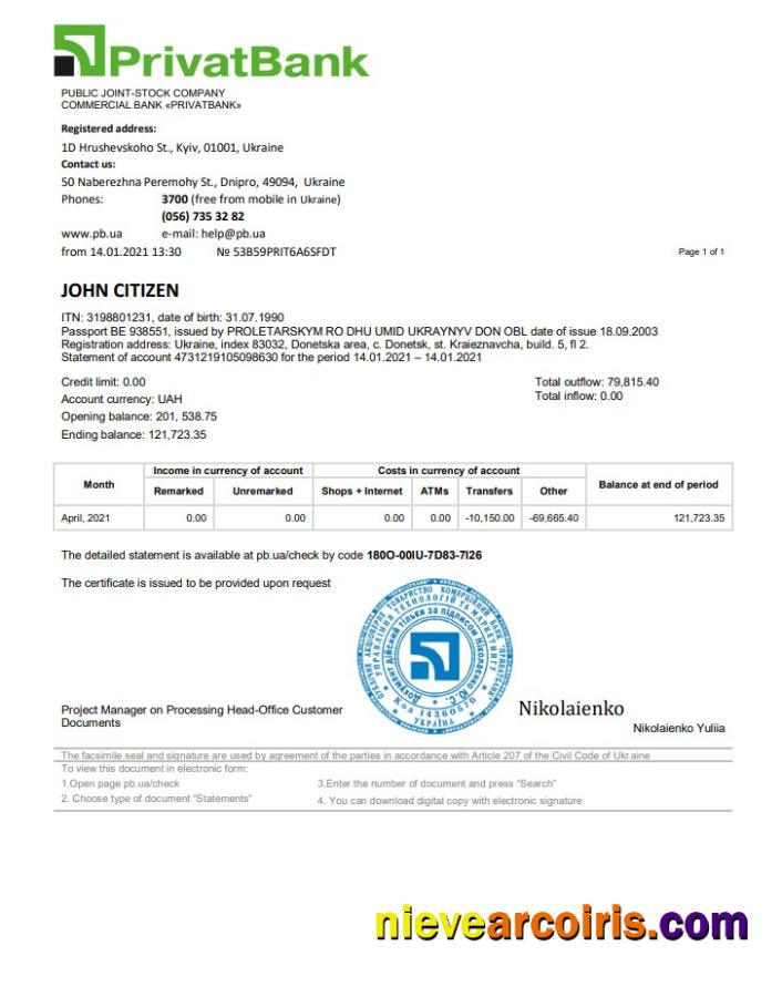 Editable Ukraine Privatbank Bank Statement Template In Word And PDF Format