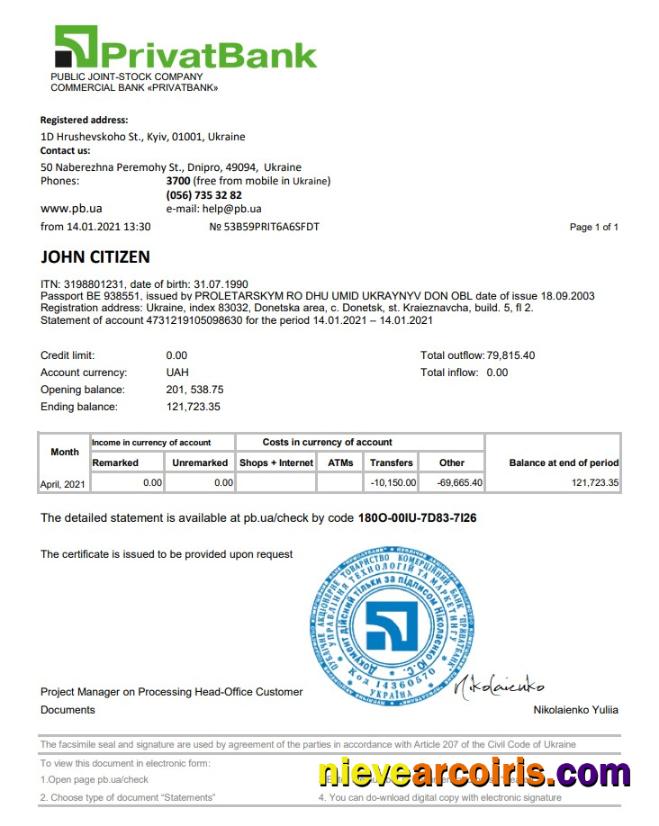 Editable Ukraine Privatbank Statement Template In Excel And PDF Format