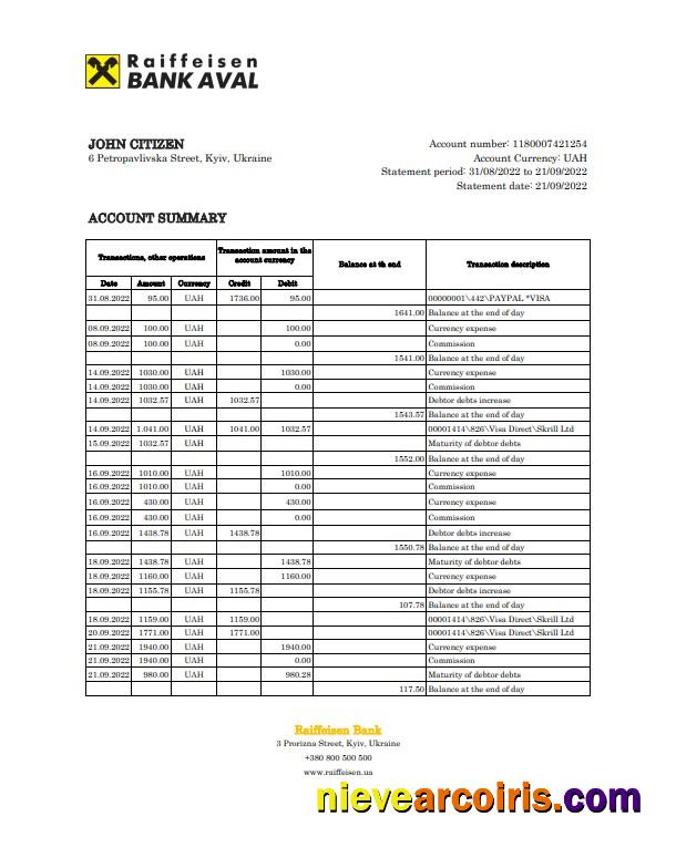 Professional Ukraine Raiffeisen Bank Statement, Excel And PDF Template