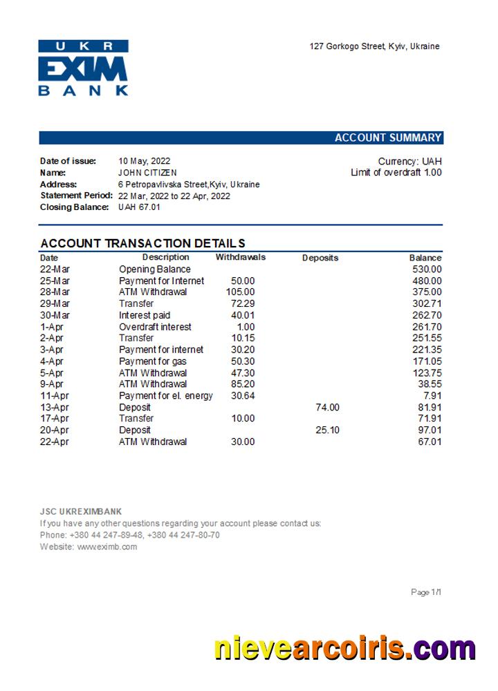 Ukraine Ukreximbank Bank Statement Sample