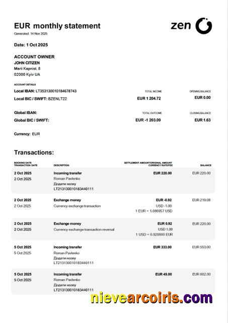 Realistic Ukraine ZEN Account Statement Word And PDF Template