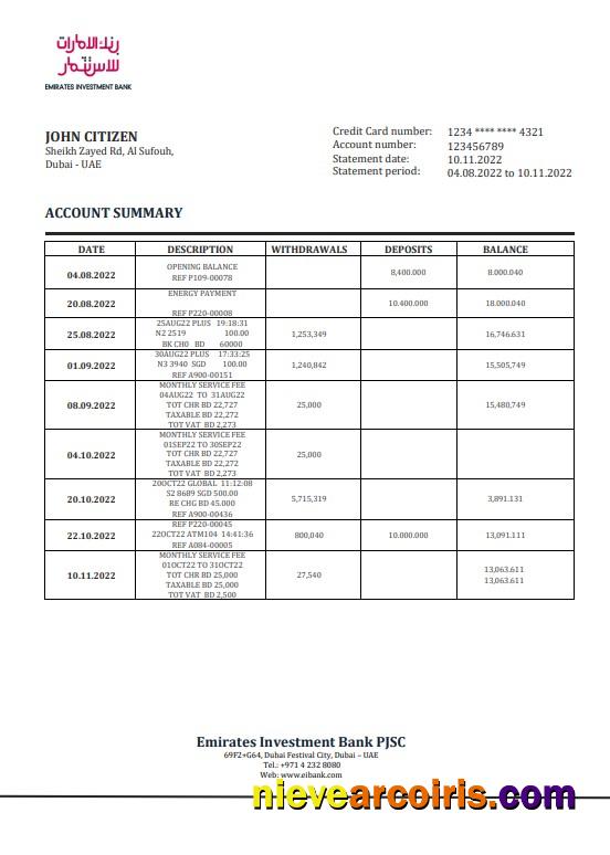 Editable United Arab Emirates Investment Bank Statement Template In Word And PDF Format
