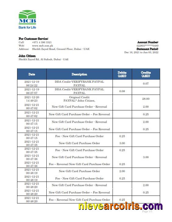 Editable United Arab Emirates MCB Bank Statement Template In Word And PDF Format