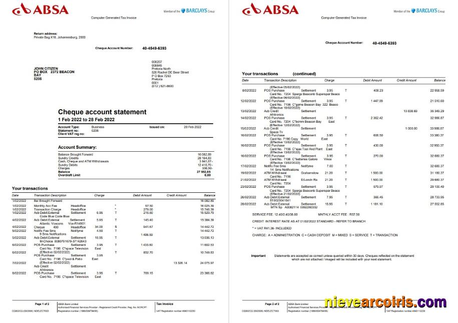 Professional United Kingdom Absa Bank Statement, Word And PDF Template, 2 Pages