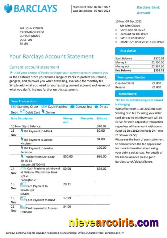 Realistic United Kingdom Barclays Bank Account Statement Template In Word And PDF Format, Version 1