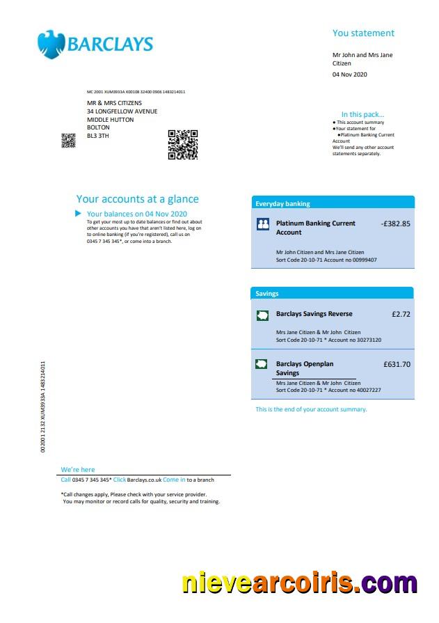 Realistic United Kingdom Barclays Bank Statement Template In .doc And .pdf Format, Version 2